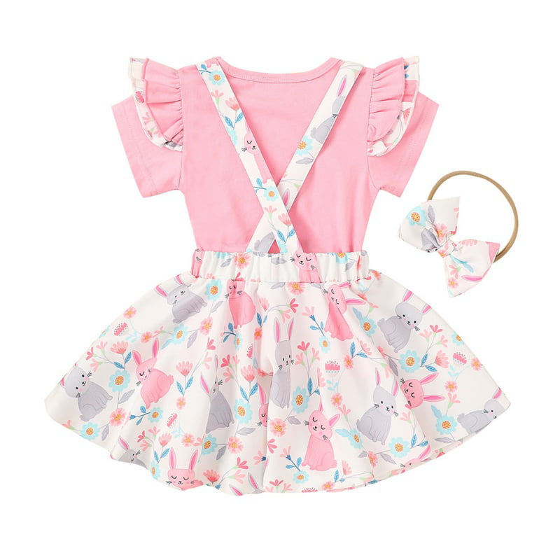 Toddler Baby Girls Easter Clothes Set Ruffle Short Sleeve T-Shirt Tops+Candy Overall Skirt Kids Outfits 