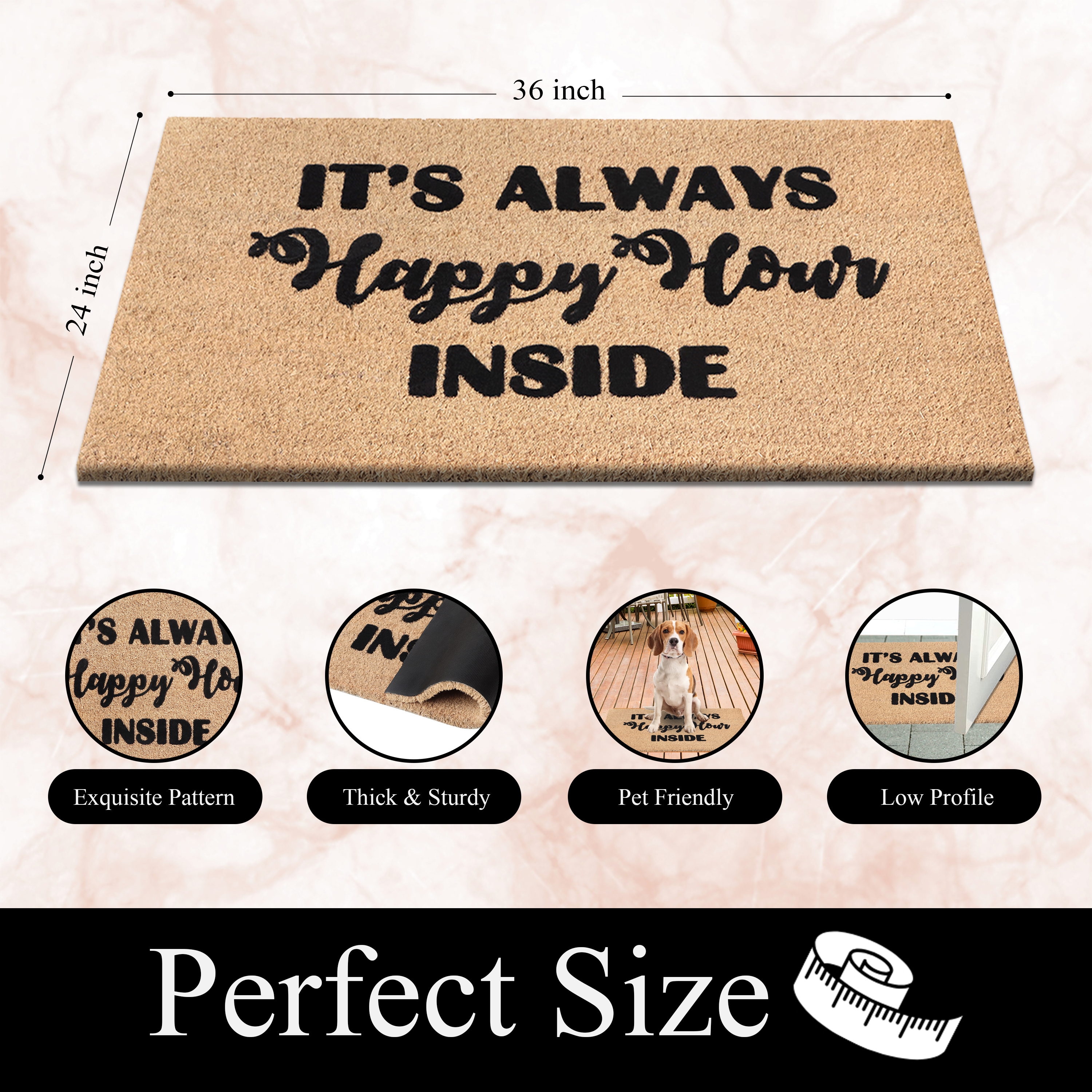 A1HC Natural Coir Flocked Doormat, Happy Hour Black , 24"x36", Durable Outdoor Welcome Mat, Non-Slip, Pet Friendly, Fade Resistant
