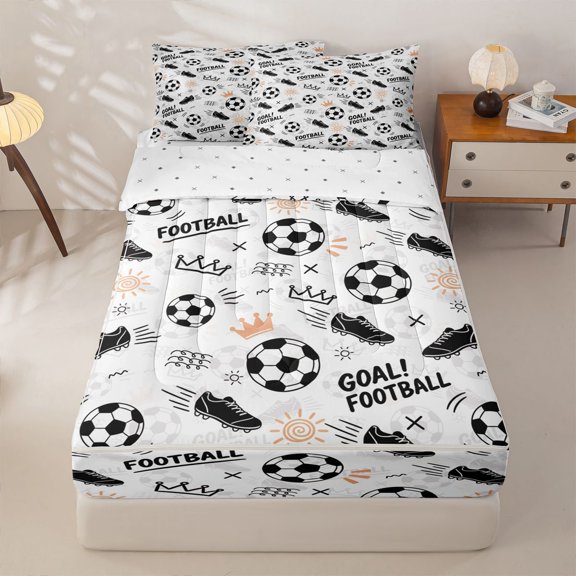 Homewish Crown Soccer Pattern Zipper Full Size Comforter Sets with Fitted Sheet and 2 Pillowcases, Cute Sport Zipper Bedding Set for Boys and Girls, Reversible, 4pcs