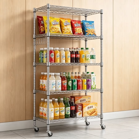5-Tier Storage Shelf Wire Shelving Unit on Wheels, Adjustable Heavy Duty Metal Shelves with Side Hooks, Steel Rack Organization for Kitchen, Garage, Basement, Silver