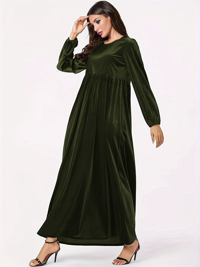 green winter maxi dress Women'S Velvet Casual Solid Color High Waist Long Sleeve Fall Flowy Gown M influencer-butterfly Iridescent Silk Abaya Dress Size:US Women 5 - EU 36 ribbed knit dress