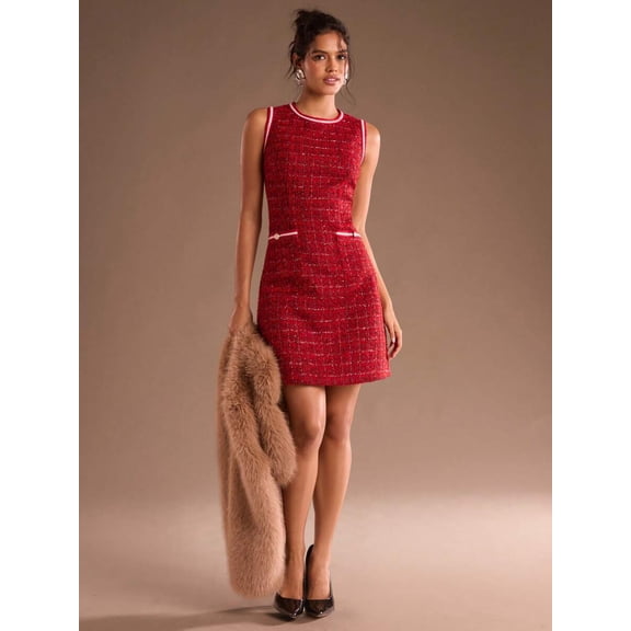 Red Tweed Sleeveless Mini Dress With White Trim And Front Pocket Detail