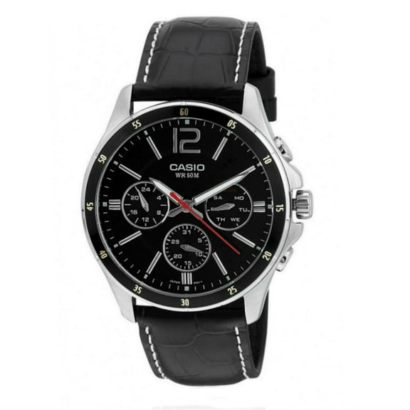Casio Men’s Chronograph Black Dial Watch with Black Leather Band - MTP-1374L-1AV
