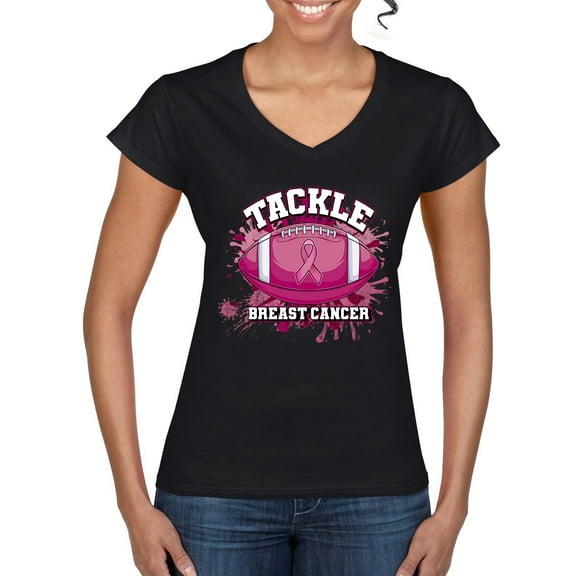 Wild Bobby Tougher Than Cancer Football Paint Splatters Breast Cancer Awareness Women Standard V-Neck Tee, Black, Small