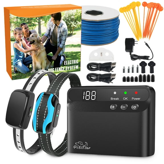PcEoTllar Wireless Dog Fence, Underground Electric Dog Fence System with 2 Shock Collars, Black Blue