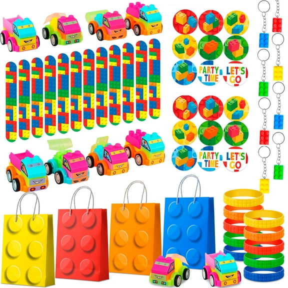Building Block Birthday Party Favors,62 Pcs Building Blocks Party Favors Set- Building Block Favor Bags,Building Block Birthday Party Keychains Slap Bracelets etc Building Block Themed Party Favors