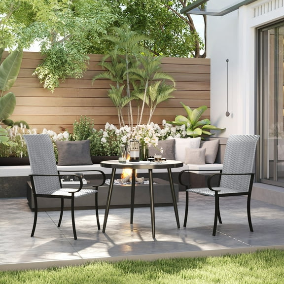 Outsunny Set of 2 Outdoor Wicker Dining Chairs, All-Weather Rattan Armchairs with Armrests, Steel Frame, High Back and Deep Seating, Gray