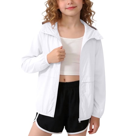 FAVIPT Kids Zip Up Sun Shirt Boys Girls Long Sleeve Hooded Jackets Casual Solid Lightweight Package Coat White 7 Years