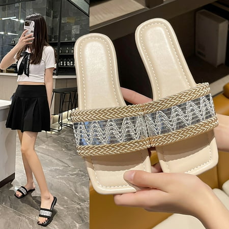

EQWLJWE Flat-bottomed Straw Woven Square-toe Slippers Women s Cross-border Ethnic Style Outer Wear Hollow Sandals Women s Sandals Holiday Clearance