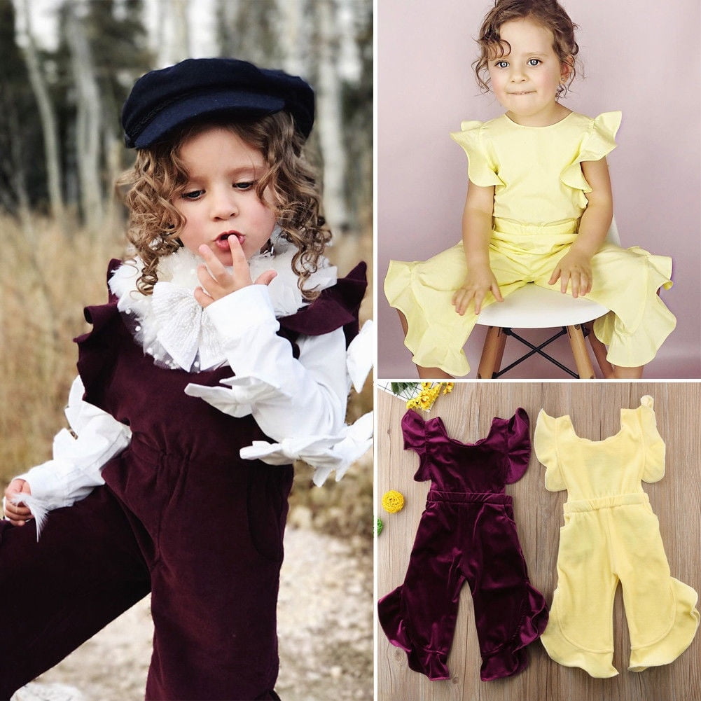 GOOCHEER Infant Toddler Baby Girl Fall Outfits Velvet Romper Bow Long Flare Sleeve Jumpsuit Bodysuit Off Shoulder Clothes