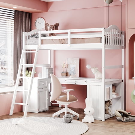 Loft Bed with Desk Twin Size Loft Bed with Drawers Cabinet Shelves Wooden Loft Bed Frame with Storage Multi-Functional Loft Bed with Inclined Ladder and Guardrails for Kids Teens Adult White