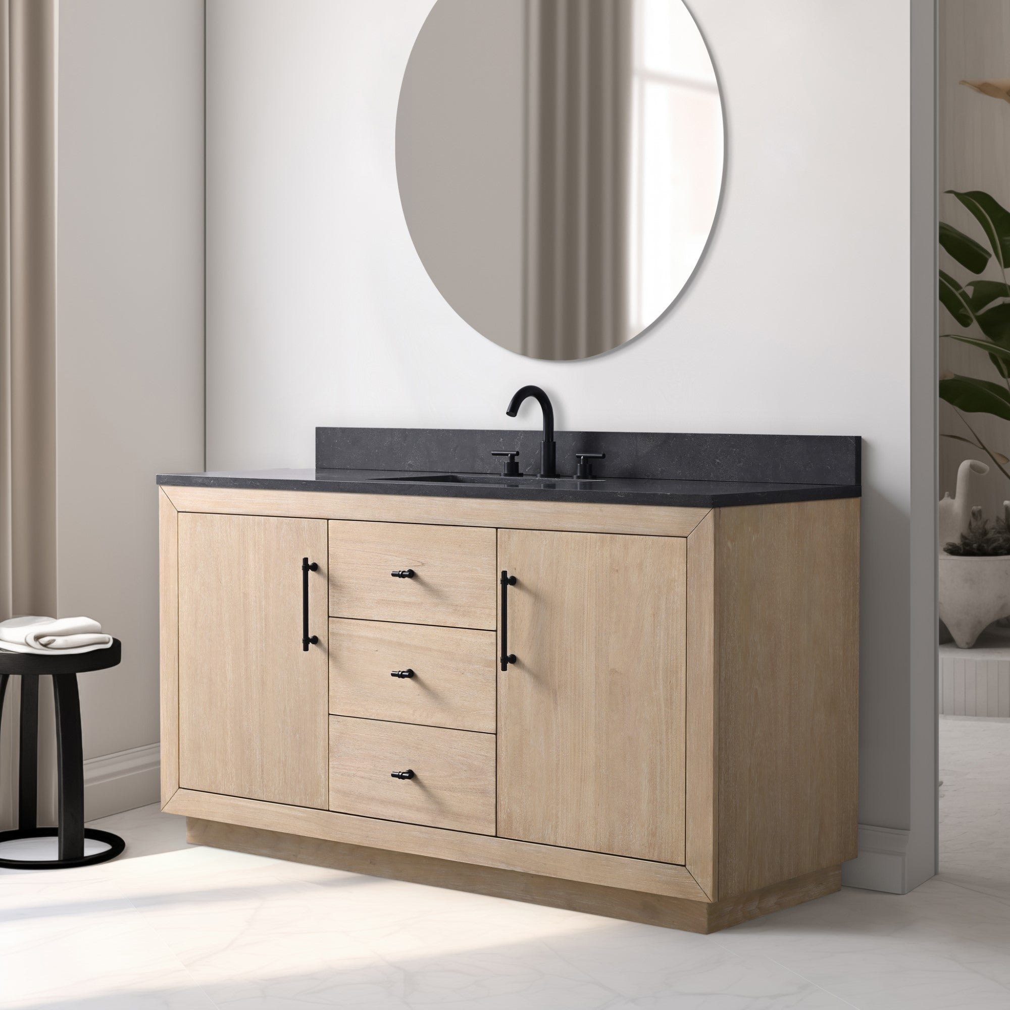 Vanity Art 60" Single Bathroom Vanity with Sink, Freestanding Bath Storage Cabinet with Black Limestone Top