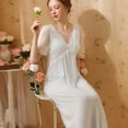 thumbnail image 3 of Defitshape Women's Short Sleeve Victorian Nightgown Cute V Neck Pajama Dress Long Lace Short Sleeve Illusion High Waisted Summer Sleepwear Vintage Sleep Dress w/ Built in Bra Blue Large, 3 of 5