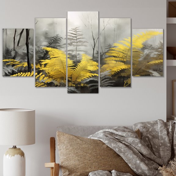 Designart "Dreamy Ferns in Yellow and Grey Tones II" Floral Metal Art Print Set