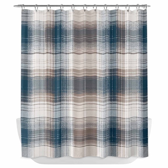 Xipuska Blue Brown Plaid Shower Curtain - Water Repellent Fabric Shower Curtains Washable, Modern Abstract Striped Gingham Checked Decorative Cloth Bathroom Curtains Modern Bath Decor 72"x72"