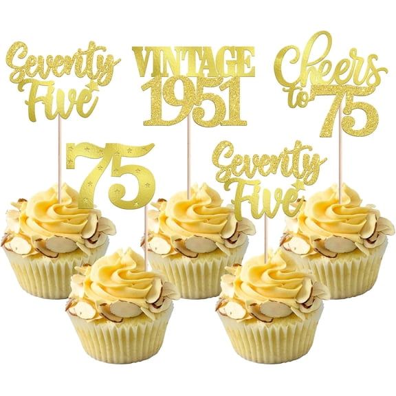 12 Pack Gold Glitter 75th Birthday Cupcake Toppers, Vintage 1951 Cheers to 75 Picks for 75th Birthday Party Cake Decorations Supplies