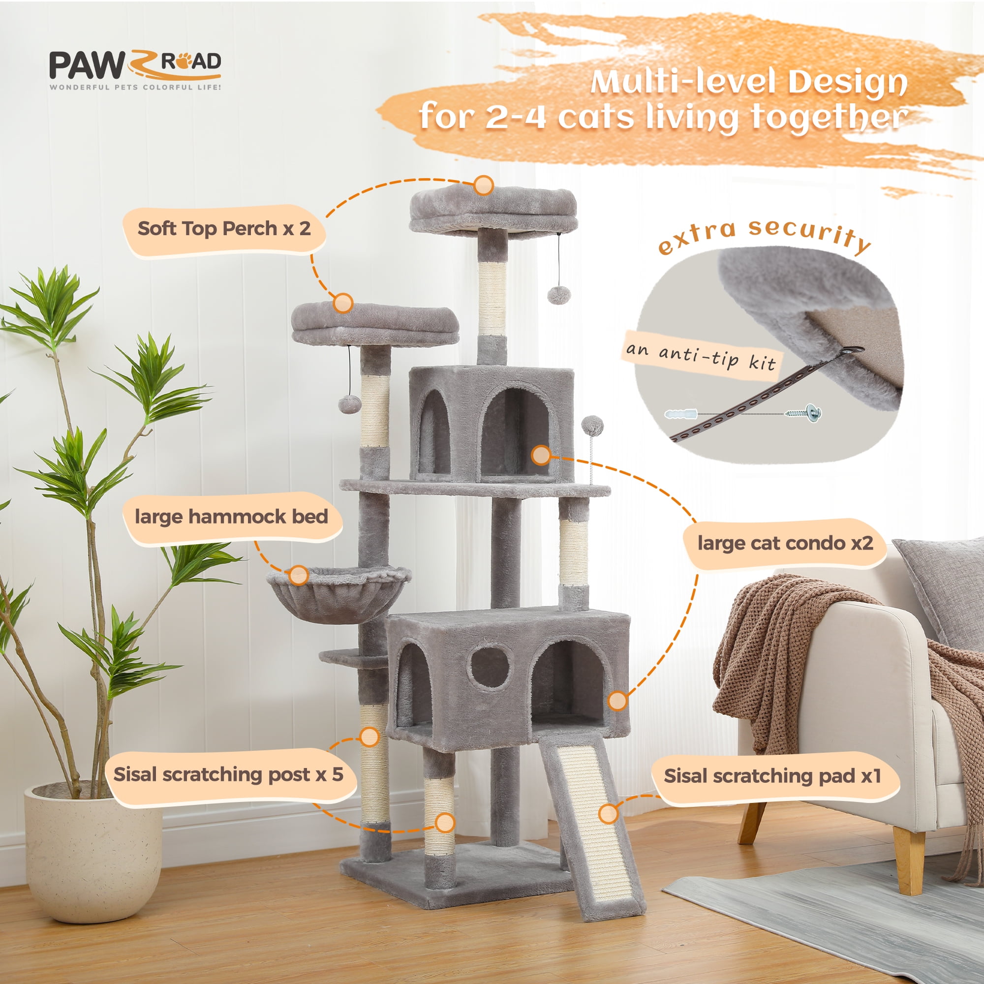 Pefilos 64" Multi-Level Cat Tree Tower for Large with Hammock, Plush Cat Condos for Indoor Cats, Gray Pefilos 64" Multi-Level Cat Tree Tower for Large with Hammock, Plush Cat Condos for Indoor Cats, Gray