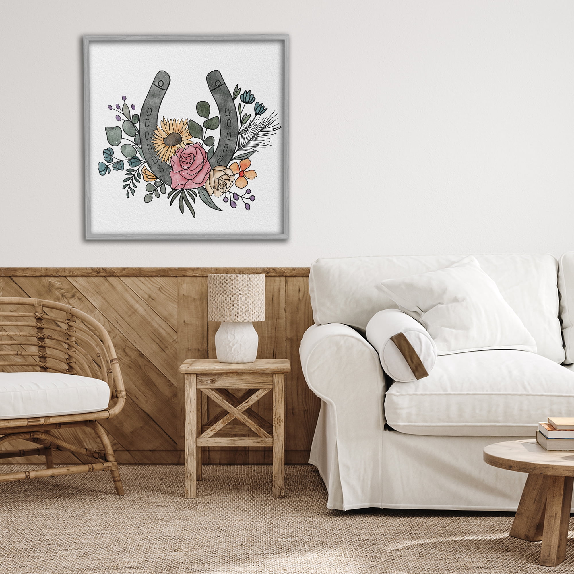 Stupell Industries Boho Floral Horseshoe Gray Framed Giclee Art, design by Alisha Kiara Design