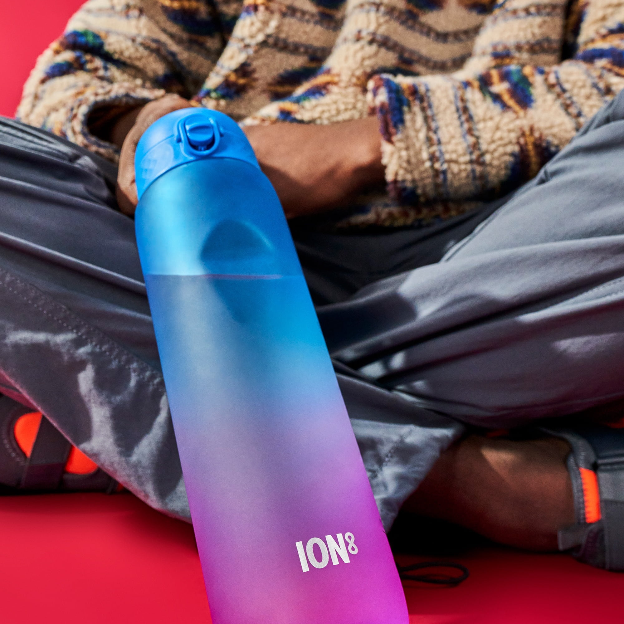 ION8 Leak Proof Flip-Top 1L Water Bottle with Times to Drink, BPA Free, Blue & Pink, 1000ml (32oz)