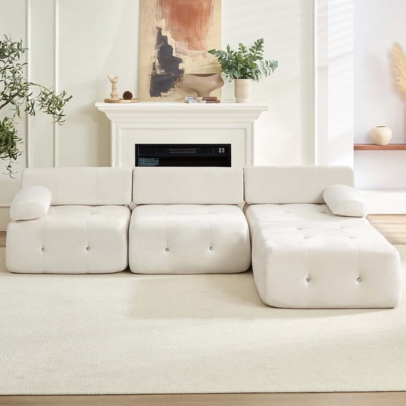 Mjkone L-Shaped Modular Sectional Sofa,Velvet Cloud Couch with Ottoman, Boneless Sectionals for Living Room,No Assembly Required (Beige)