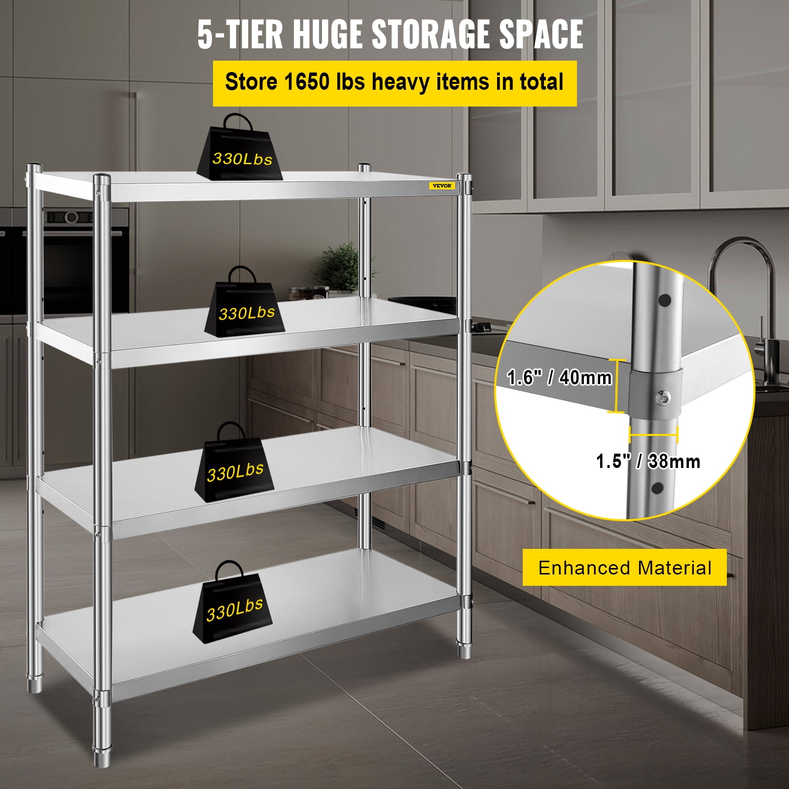 VEVOR Stainless Steel Shelving 46.8x18.5 inch 4 Tier Adjustable Heavy Duty Shelf Storage Unit