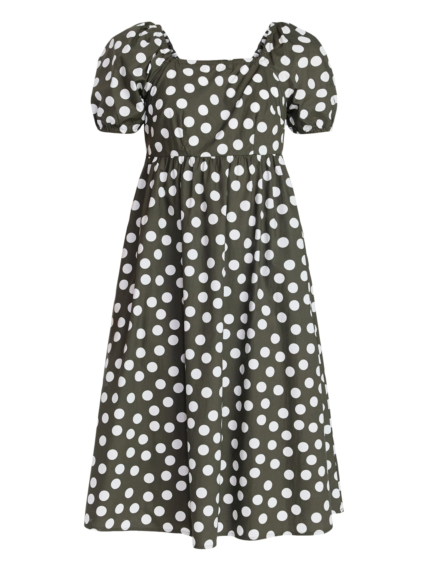 Time and Tru Women's and Women's Plus Cotton Back Tie Midi Dress with Short Puff Sleeves, Sizes XS-4X