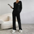 thumbnail image 4 of Ribbed Knit Pajama Sets for Women Cozy Long Sleeve Nightwear with Pants 2 Piece Lounge Sets Black S, 4 of 5