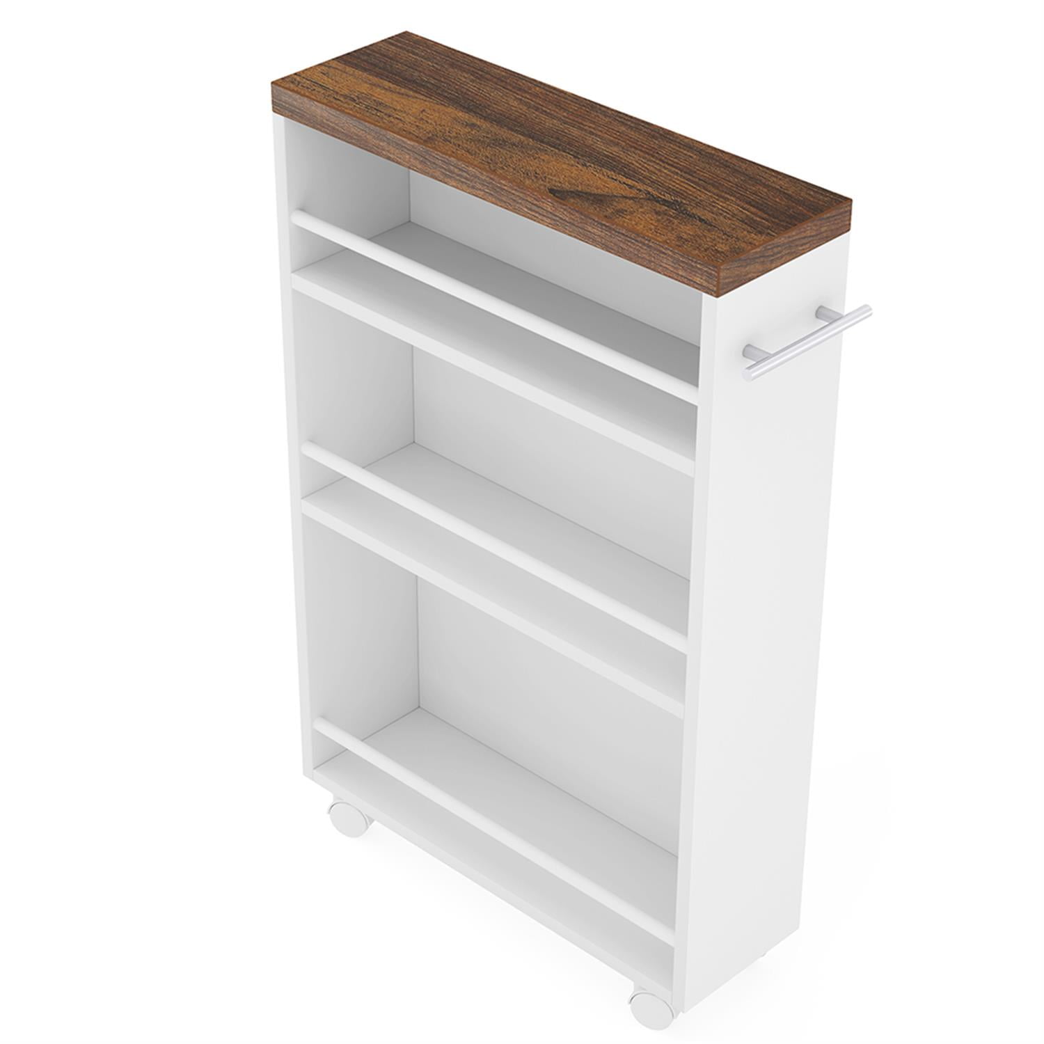 Demi Bonn Slim Kitchen Storage Cart, 4 Tier Small Rolling Laundry Room Cart, Bathroom Storage Cabinet Shelf Unit Organizer Trolley with Handle for Narrow Space, White