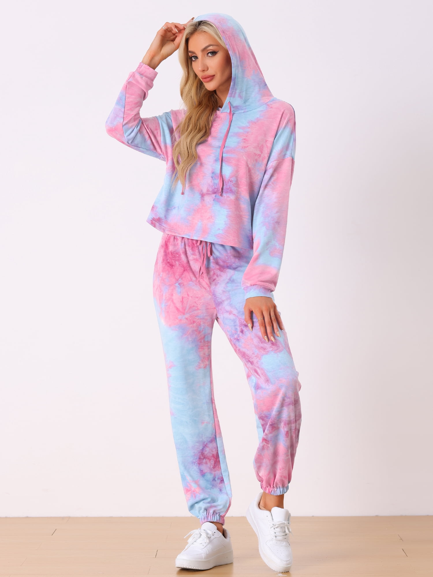 DARING DIVA Women's 2 Piece Tie Dye Hoodie Drawstring Sports Outfit XL Pink Blue