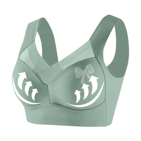 Ousvtion Clearance Deals Daisy Bras for Womens Bow Diamond Bralette Full-Coverage Wireless Lingerie Push Up Bra with Support Lifting Seamless Mesh Bralettes Green Large