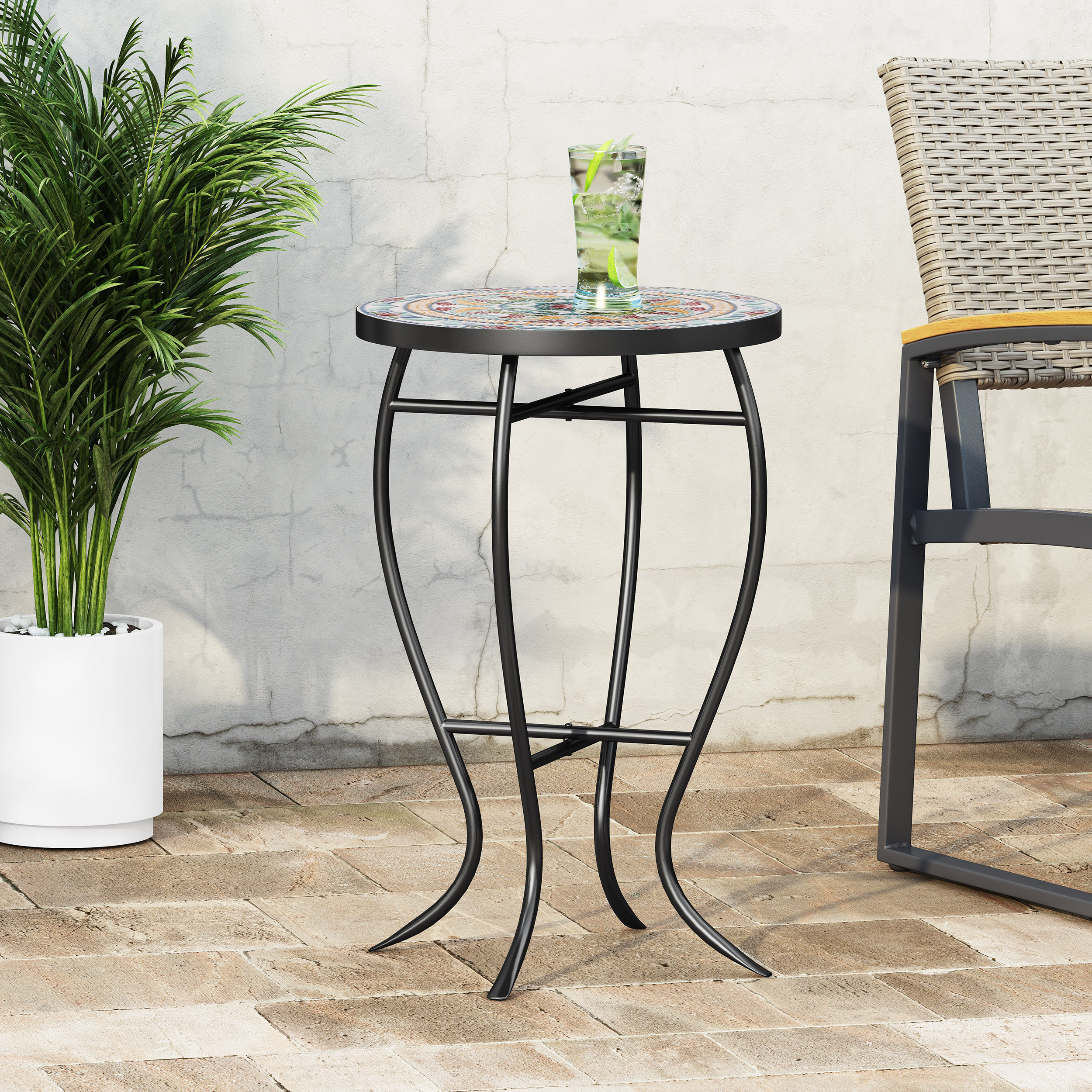 Outdoor Side Table, Accent Table, Tile Mosaic Table with Curved Metal Frame and Ceramic Tile Top for Patio Garden Balcony, 14 Inch, Black