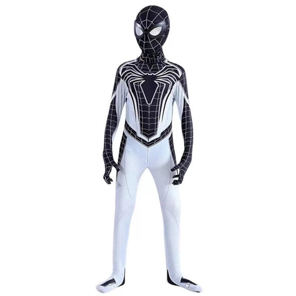 HTQWLP Halloween Superhero Costume, Pop Role Playing Fancy Dress Costumes, Halloween Stage Performance Spider Cospaly Outfit-Jumpsuit 3D Lens Mask, Boys Birthday Party Dress Up, White/120