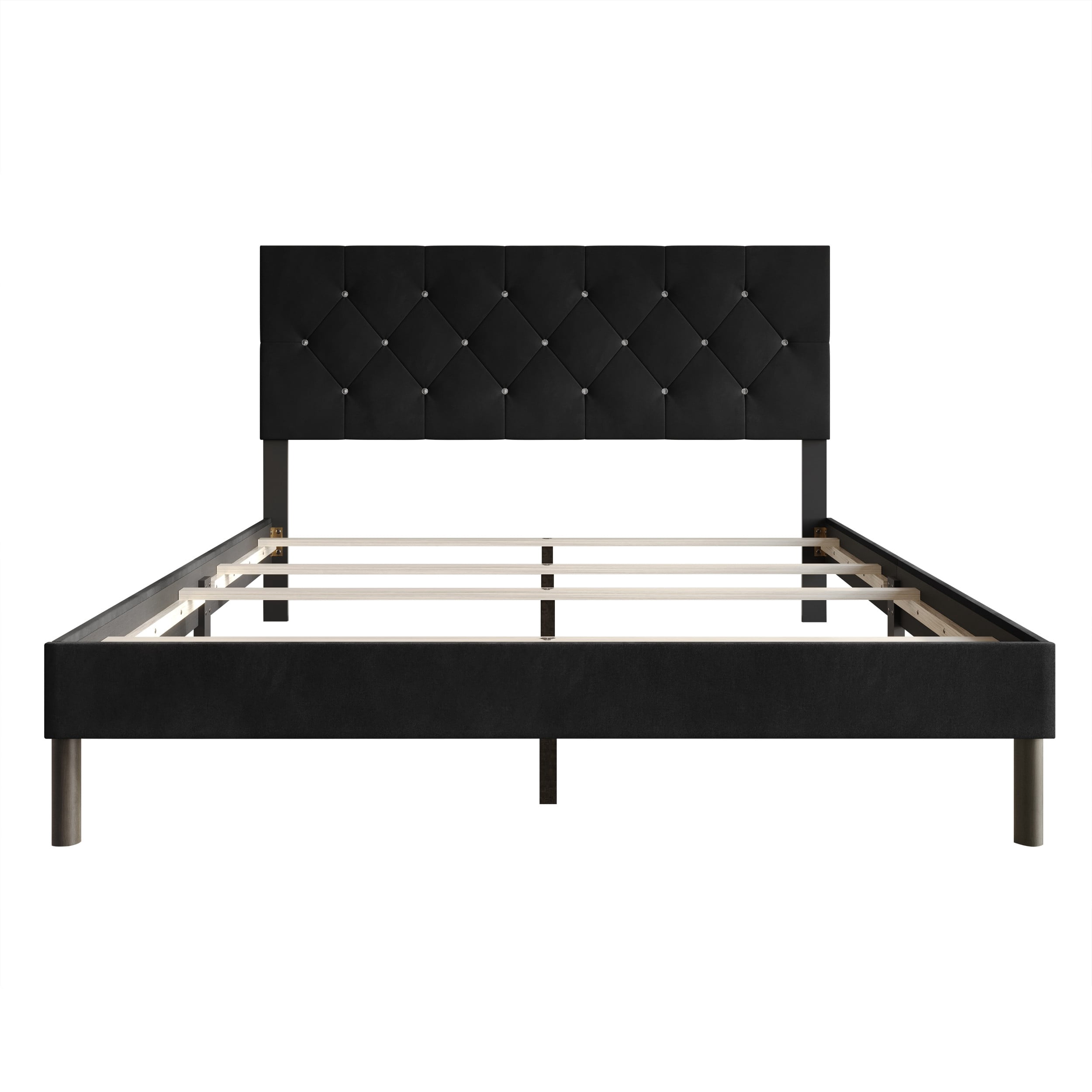 Home Design Groton King Tufted Velvet Upholstered Panel Bed Frame with Button-Tufted Headboard & Wingback Design, Black, Easy Assembly