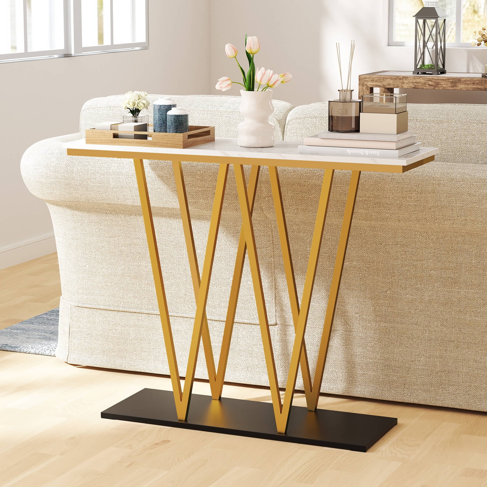 Costway 40” Gold Entryway Table with Faux Marble Table & Metal Frame, Storage Base, White