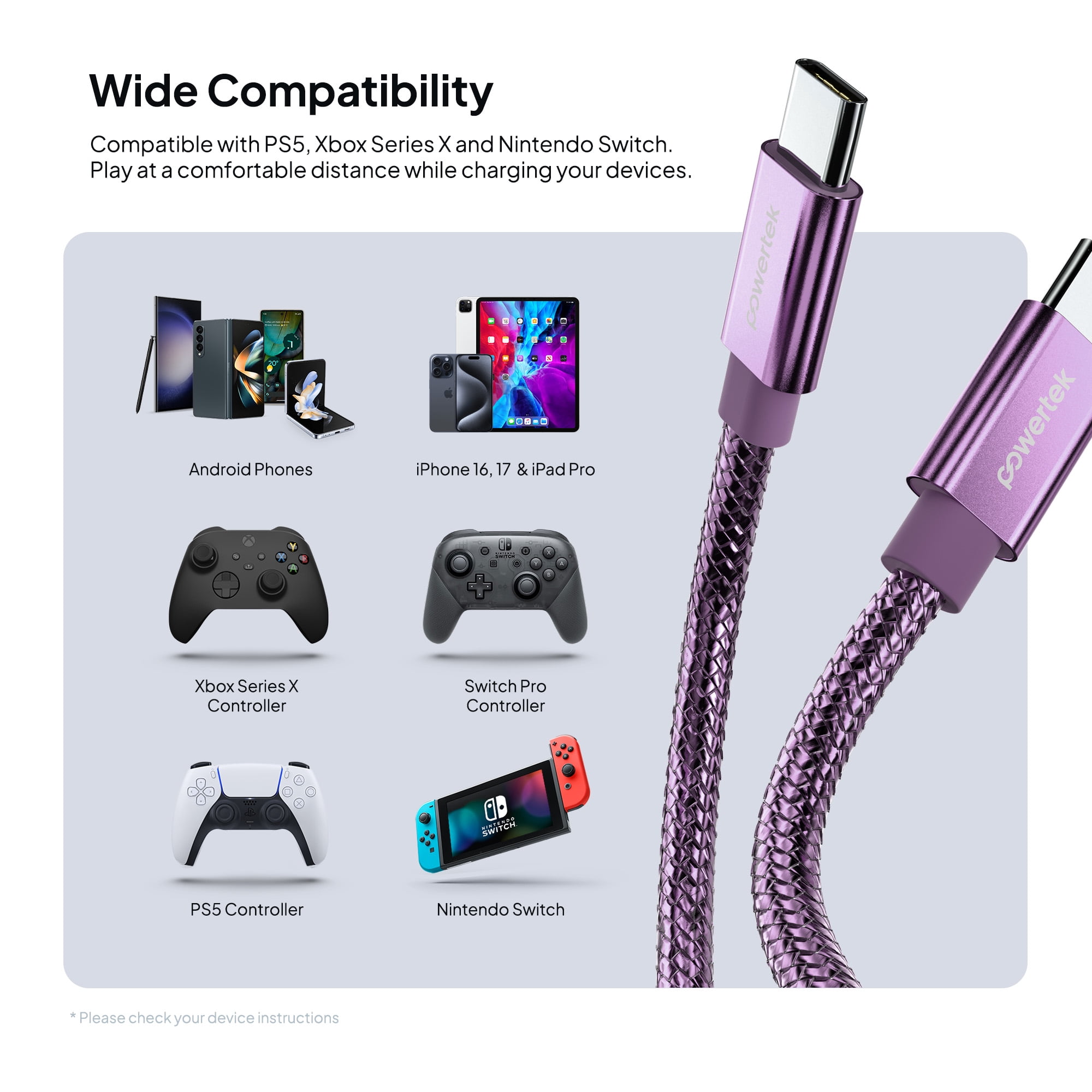 Powertek Luxe 6ft USB-C to USB-C Cable, Purple, Fast Charge & Sync, Metallic Mesh PVC Jacket, Durable Tangle-Free Design