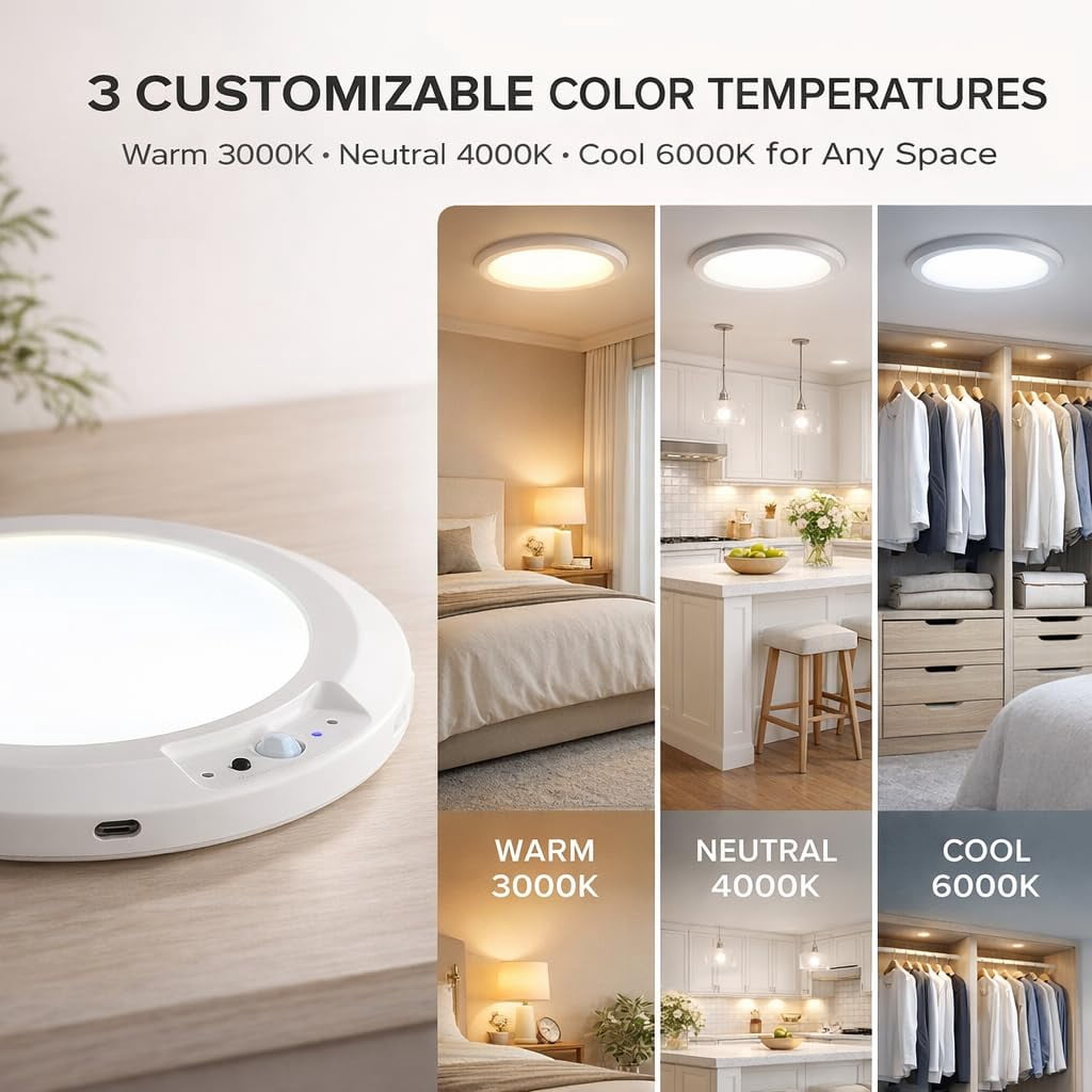 Rechargeable Motion Sensor Ceiling Light with Remote, Wireless Magnetic Stick-on Closet Light, Dimmable with Timer & 3 Color Temperatures for Shower Hallway