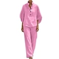 thumbnail image 4 of 2 Piece Sets for Women Ndbuld Women's Summer And Linen Set Casual V-neck Top+wide Leg Pants Set Two-piece Set Pink L, 4 of 9