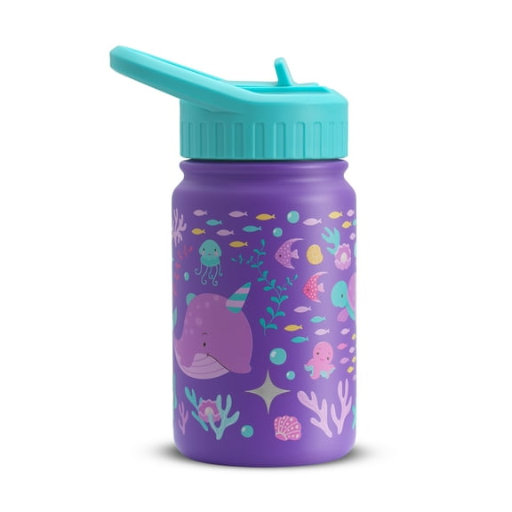 JoyJolt Kids Water Bottle with Straw Lid, 12oz Stainless Steel Reusable Tumbler for Toddlers, Girls, Boys, or Teen, Vacuum Insulated Water Bottle for School, Travel, and Outdoors, Leakproof, Purple