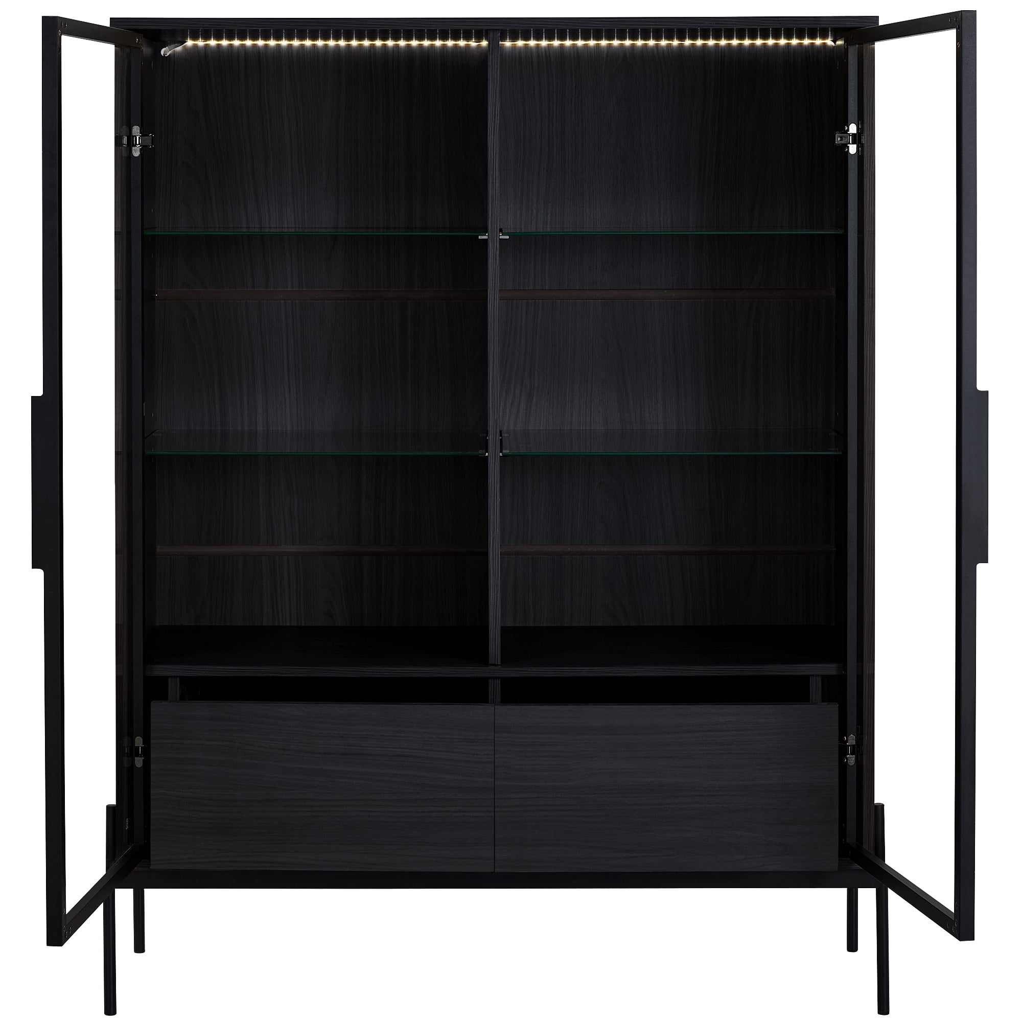 Euroco Modern LED Lighted Glass Display Cabinet with Drawers and Aluminum Frame Doors, 4 Adjustable Glass Shelves, 39.8” Wide Showcase