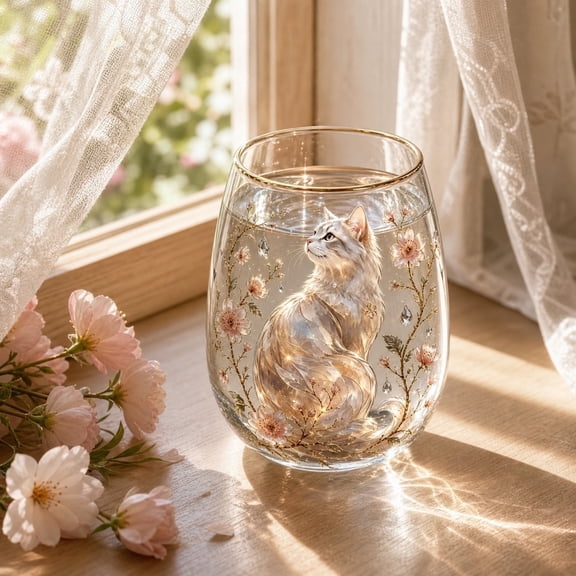 BBilaBu Garden Morning Glass Tea Cup,Cat Floral Clear Embossed Glass Cup,Botanical Drinking Cup,Home Gift