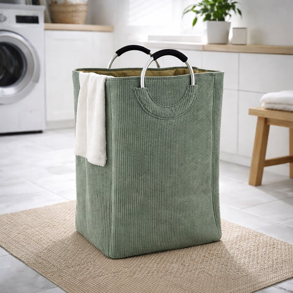 Evideco French Home Goods Corduroy Adult Foldable Laundry Bags with Laundry Hamper, Green