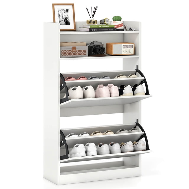 Costway Armoire de Rangement pour Chaussures avec 2 Tiroirs Basculants, Tablettes Réglables Amovibles pour l'Entrée
