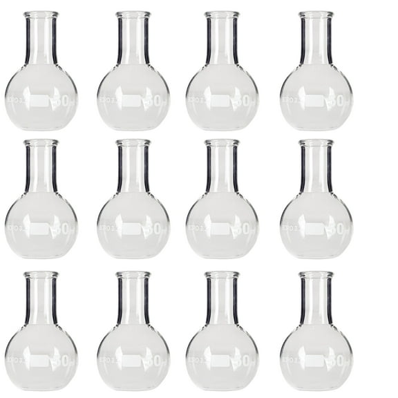 Flask Flat-Bottom Florence Boiling Flask, Standard Neck, 50ml capacity. Made from Borosilicate Glass. A good fit for any laboratory, science classroom, or homeschool.   Sold in a pack of 12 flasks.