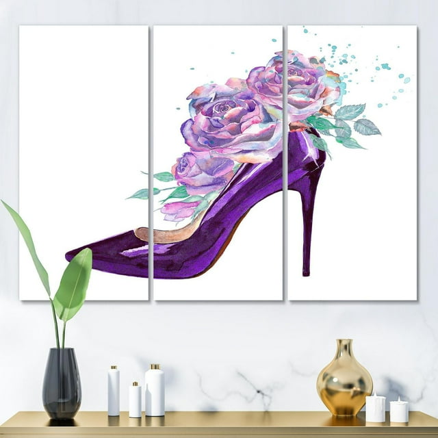 Designart Chaussure Stiletto Violet Foncé Avec Roses Violettes Roses Art mural sur toile