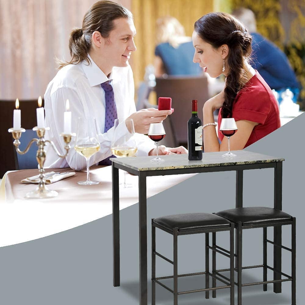 3 Piece Kitchen Dining Table Set Modern Dining Room Table Set for 2 Persons Dining Room Furniture Marble Rectangular Table & 2 Upholstered Dining Chairs for Kitchen