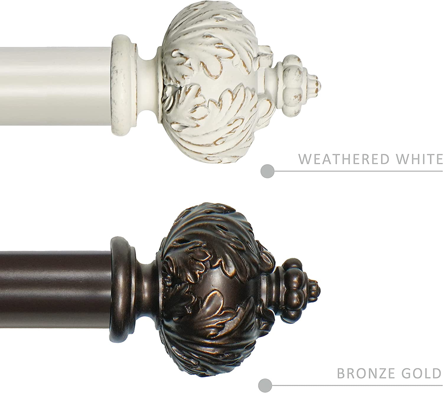 eTeckram 1" Curtain Rod with Albert Finials - 28" to 48", Weathered White