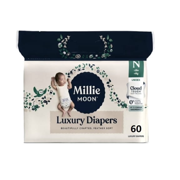 Millie Moon Luxury Diapers, Size Newborn, 60 Count