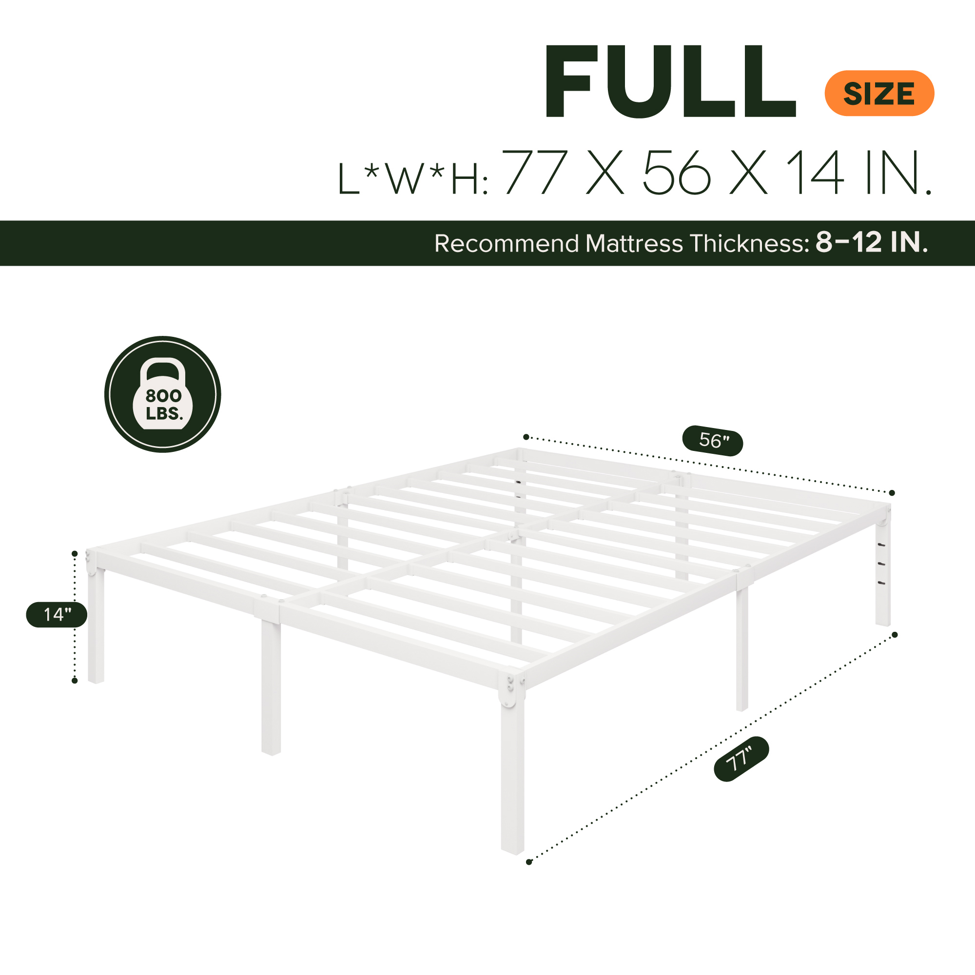 Einfach Full Bed Frame, Heavy Duty, No Box Spring Needed, White – details
