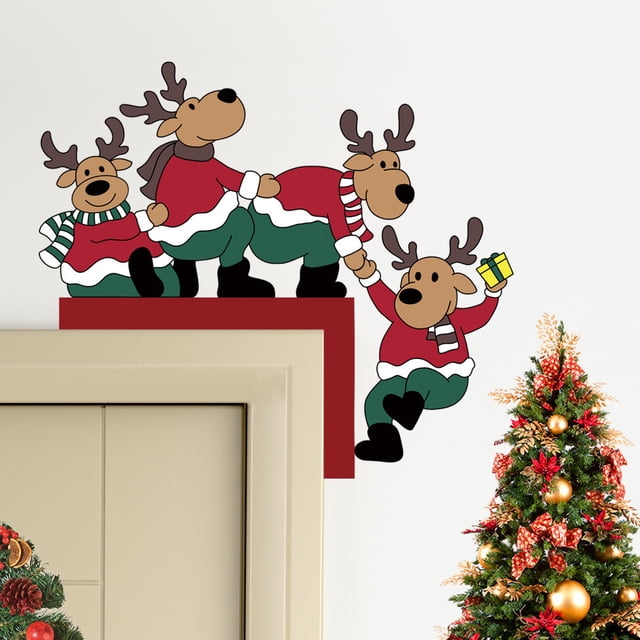 Santa Claus Wapiti Wooden Door Corner Sticker Holiday Party Door Corner Decoration Sticker