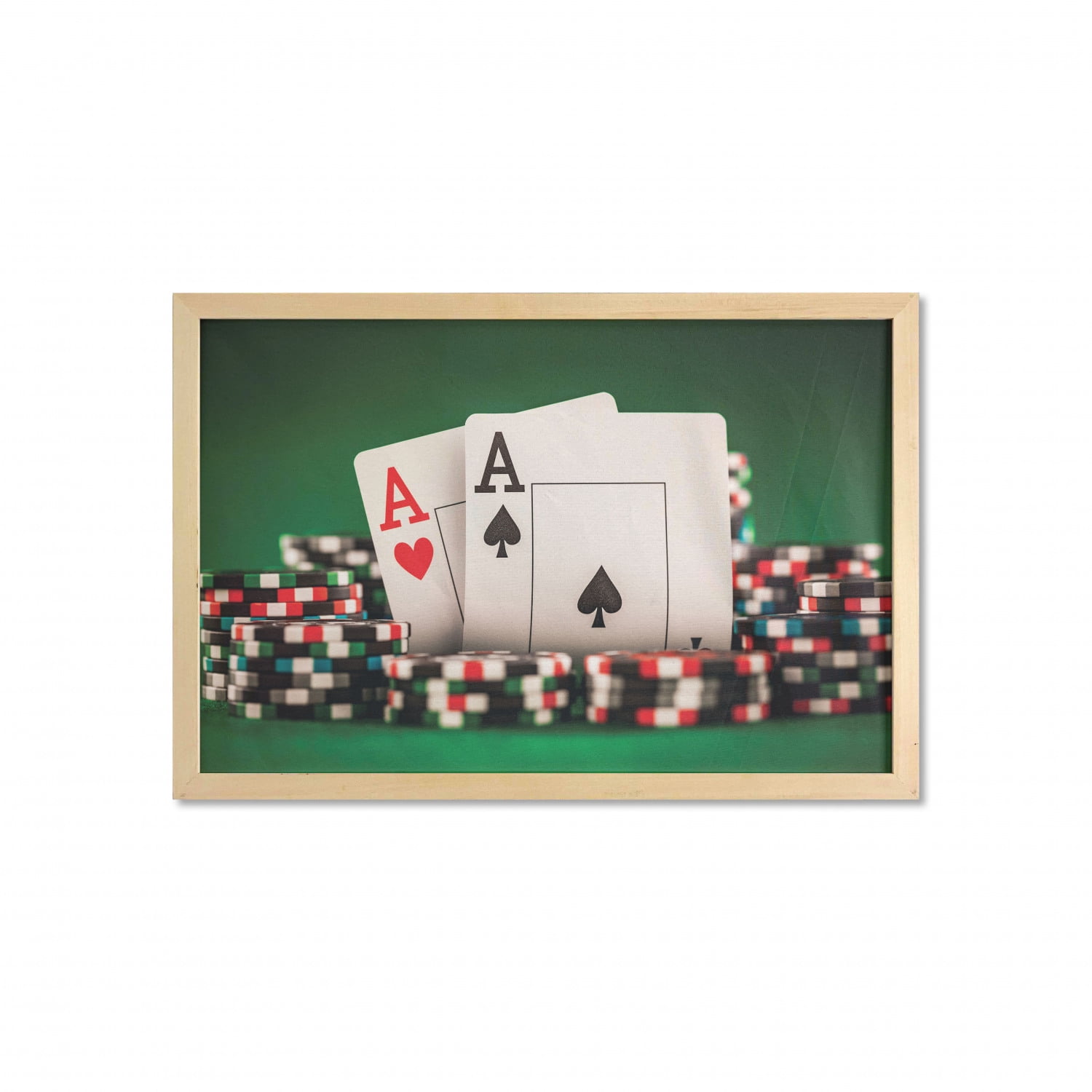 Poker Wall Art with Frame, Illustration with Stack of Gaming Chips and Playing  Cards Showing 2 Aces, Printed Fabric Poster for Bathroom Living Room, 35" x  23", Emerald and Multicolor, by Ambesonne -